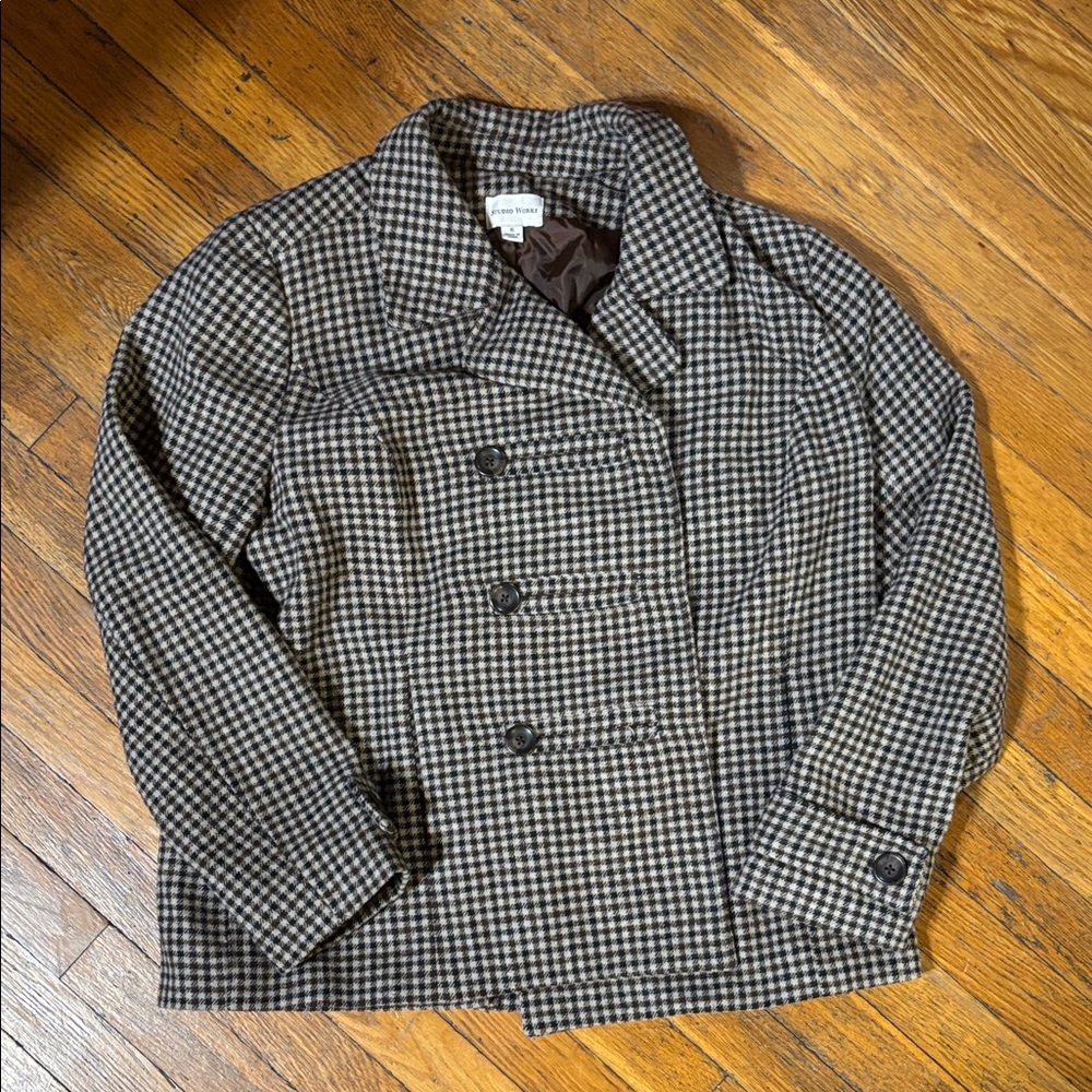 Studio Works Checkered Pea Coat in Black and Brown